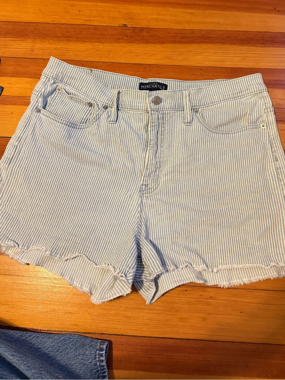 J. Crew Light Blue & White Pinstripe High-Rise Denim Shorts